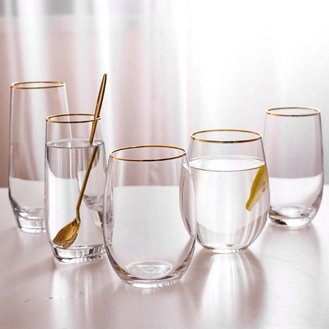 Glas Met Gouden Rand Transparant Waterglas Hittebestendig Loodvrij Ei-vormig Gehamerde Textuur Moderne Drinkbeker