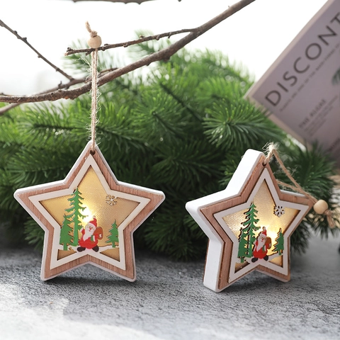 Christmas Wooden Hanging Ornaments LED Light Up Hollow Carved Tree Decoration Santa Reindeer Snowman Festive Home Party Decor