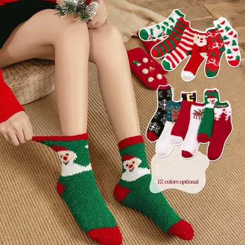 Chaussettes de Sommeil Chaudes et Épaissies en Polaire Corail de Noël Mignon Dessin Animé Hiver Thermique Cadeau de Fête Chaussettes Femmes