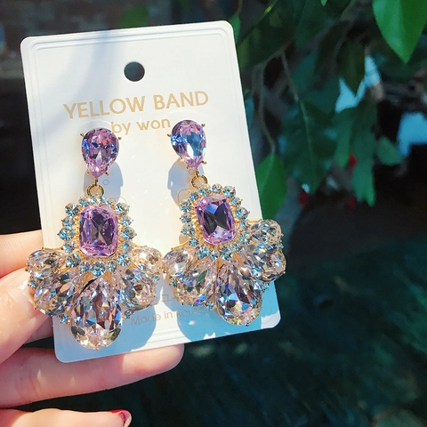 Vintage Baroque Dangle Earrings Purple Pink Crystal Rhinestone Teardrop Alloy With Silver Earring Post Fashion For Women