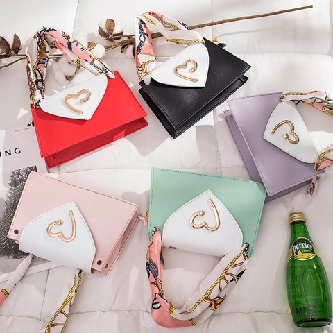 Women Shoulder Crossbody Bag PU Leather Color Block Heart Metal Buckle Satin Scarf Handle Small Square Bag Fashionable