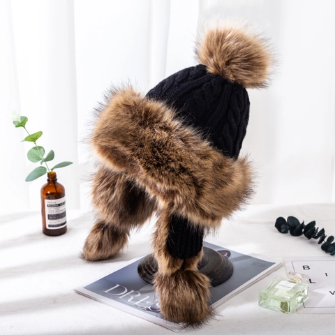 Gorro de Punto Cálido para Mujer con Protección de Oídos Piel Artificial Pompones Estilo Mongol Invierno Aire Libre