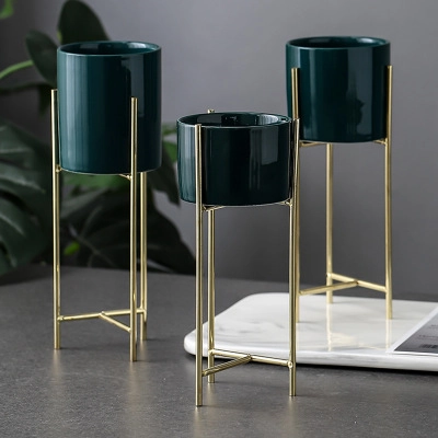 Nordic Minimalist Iron Art Ceramic Flower Pot Metal Stand White Green Porcelain Planter Indoor Succulent Desktop Decoration Home Office Table Decor