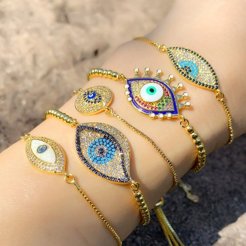 Bracciale Occhio Del Male Zirconia Cubica Colorata Smalto Catena Scorrevole Regolabile Gioielli Amuleto Per Donna