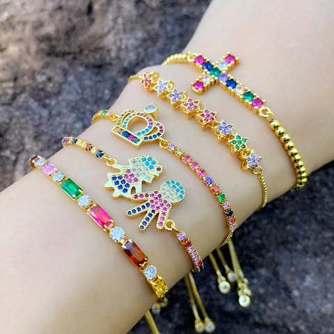 Adjustable Bracelet With Colorful Cubic Zirconia Gold Plated Alloy Heart Cross Crown Charms For Women Bohemian Jewelry