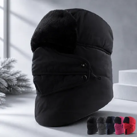 Unisex Winter Trapper Hat Windproof Bomber Hat With Removable Mask Faux Fur Lining Ear Flaps Thick Warm Outdoor Skiing Cap