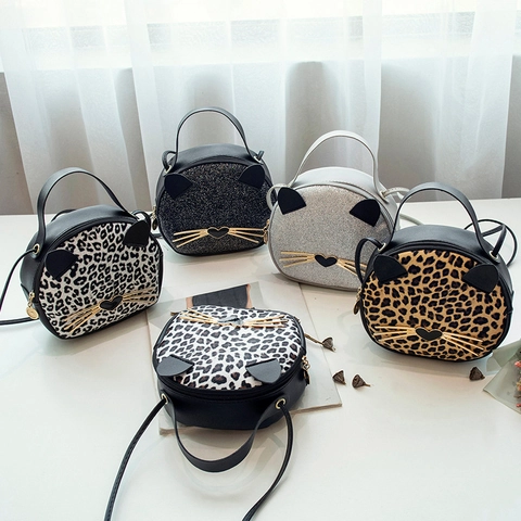 Cute Cat Ear Leopard Print Round Shoulder Bag PU Leather Sequin Crossbody Bag With Metal Whiskers Heart Decor Small Handbag For Women Kids