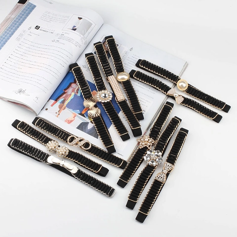 Women Elastic Waist Belt Black Thin Corset For Dress Faux Artificial Pearl Rhinestone Alloy Buckle Elegant Decorative Waistband