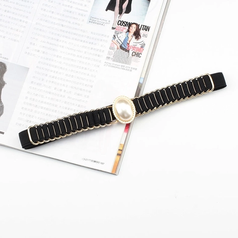 Women Elastic Waist Belt Black Thin Corset For Dress Faux Artificial Pearl Rhinestone Alloy Buckle Elegant Decorative Waistband