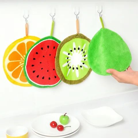 Microfiber Fruit Shaped Hanging Hand Towel Absorbent Cleaning Cloth For Kitchen Bathroom Watermelon Orange Kiwi Pattern