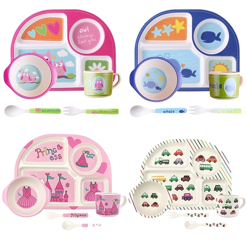 Children Tableware Divided Plate Bowl Cup Spoon And Fork Bamboo Fiber Eco-Friendly Cartoon Animal Themes For Toddlers Feeding
