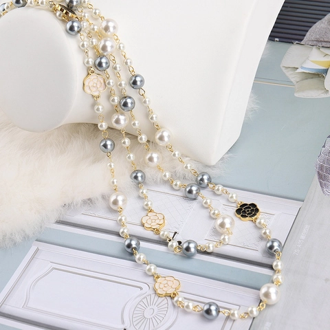 Alloy Faux Artificial Pearl Layered Necklace Long Sweater Chain Enamel Camellia Flower Vintage Elegant Jewelry For Women