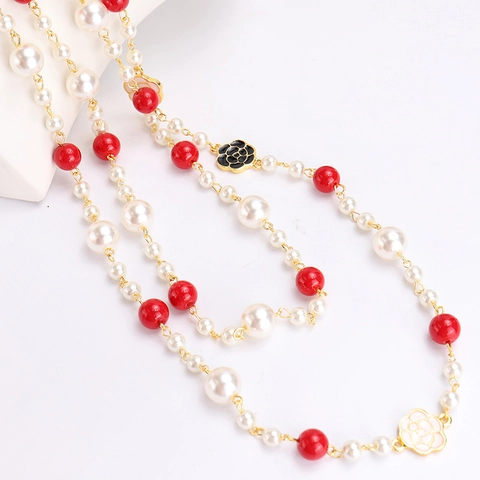 Alloy Faux Artificial Pearl Layered Necklace Long Sweater Chain Enamel Camellia Flower Vintage Elegant Jewelry For Women