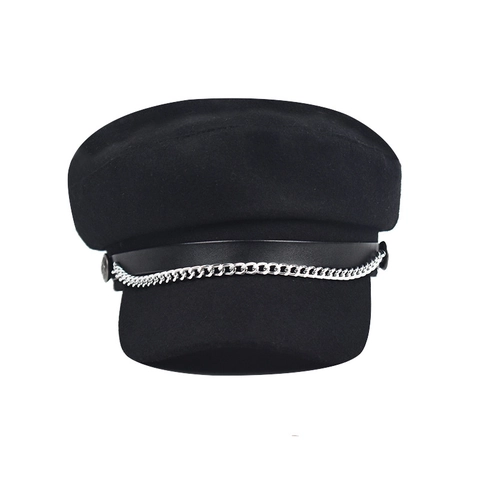 Damen Newsboy Mütze Aus Wollmischung Und PU Leder Mit Metallkette Baker Boy Cap Vintage Militär Stil