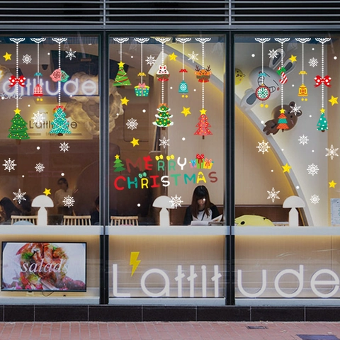 Christmas Window Stickers PVC Static Film Reusable Cartoon Colorful Merry Christmas Glass Door Shop Decor