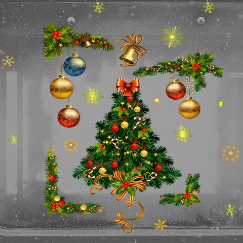 Christmas Window Stickers PVC Static Cling Decals Xmas Tree Snowflake Decorative Wall Art For Home Glass
