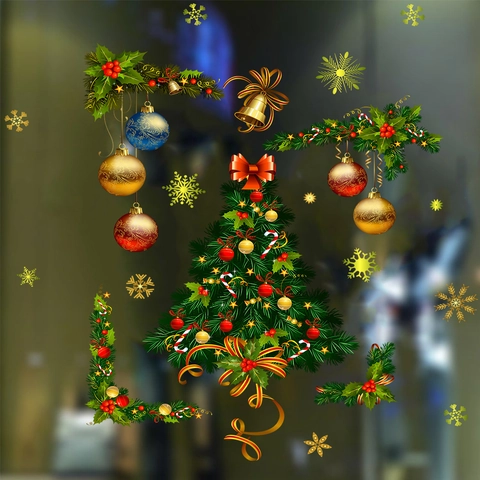 Christmas Window Stickers PVC Static Cling Decals Xmas Tree Snowflake Decorative Wall Art For Home Glass