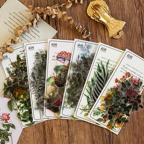 PET Decorative Stickers Plant Flower Mushroom Patterns Waterproof For DIY Scrapbooking Journaling Retro Botanical Illustration