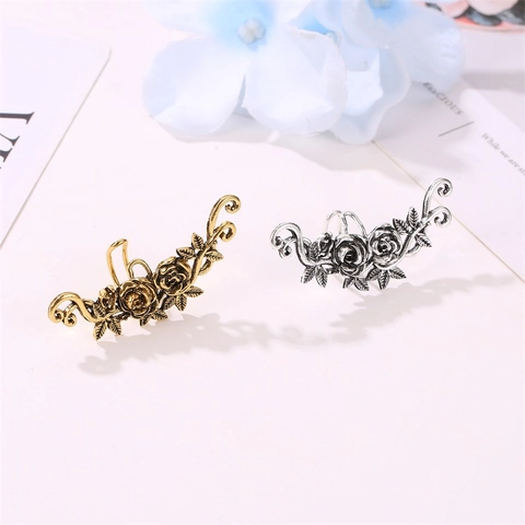 Vintage Alloy Rose Flower Ear Cuff No Piercing Antique Gold Silver Carved Leaf Vines Ear Crawler Earrings For Women Jewelry