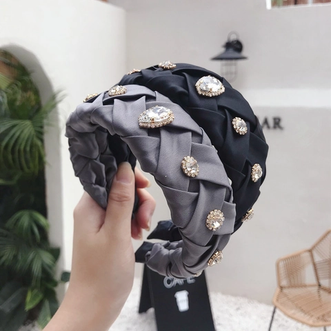 Elegant Braided Wide Headband For Women With Large Rhinestones Satin Fabric Pleated Vintage Hair Accessories