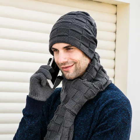 Men Winter Knitted Hat And Scarf And Gloves Square Grid Pattern Acrylic Beanie Long Scarf Touchscreen Gloves For Outdoor