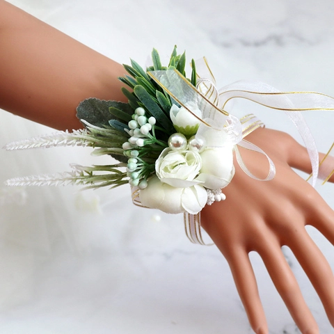 Boutonniere Per Matrimonio E Corsage Da Polso Rosa Bianca In Raso Artificiale Nastro Bordo Oro Fatto A Mano Per Sposo Sposa Gala