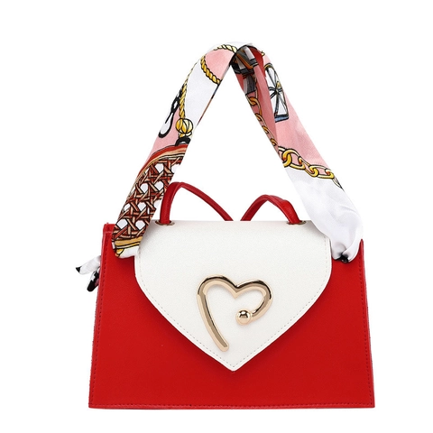 Women Shoulder Crossbody Bag PU Leather Color Block Heart Metal Buckle Satin Scarf Handle Small Square Bag Fashionable