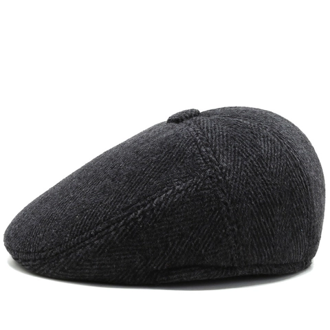 Men Winter Flat Cap Herringbone Woolen Newsboy Hat With Foldable Ear Protection Warm Fleece Lined Retro British Style