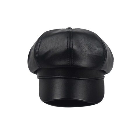 Vintage PU Leather Newsboy Cap For Women Solid Color Retro Octagonal Artist Hat Adjustable Winter Fall Fashion