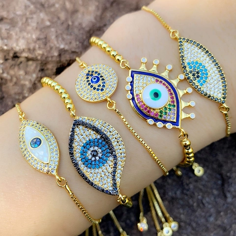 Bracciale Occhio Del Male Zirconia Cubica Colorata Smalto Catena Scorrevole Regolabile Gioielli Amuleto Per Donna