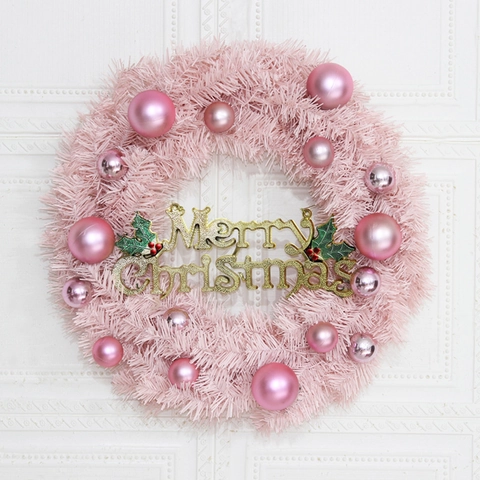Ghirlanda Di Natale Rosa Artificiale PVC Decorazione Da Appendere Con Scritta Merry Christmas Palline E Luci LED Per Porta