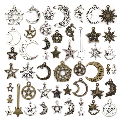 Vintage Alloy Celestial Charms Jewelry Making Moon Star Sun Magic Wand Pendants DIY Necklace Bracelet Earrings Accessories