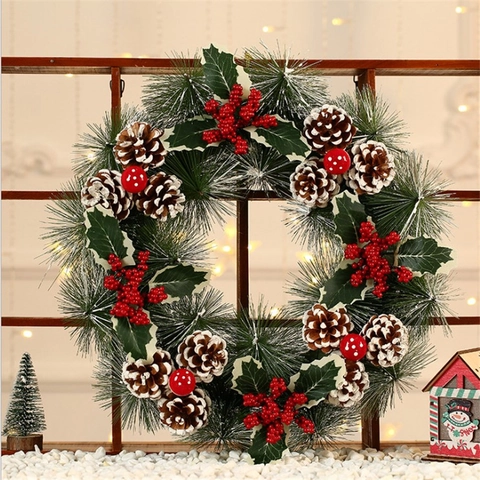 Christmas Wreath Artificial Pine Needles Natural Pinecones Red Berries Burlap Bow Door Hanging Festival Decoration