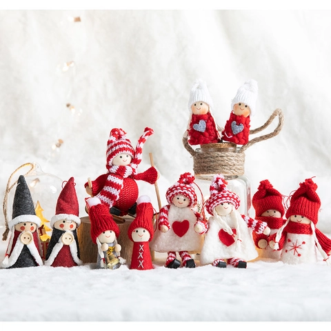 Handmade Christmas Tree Hanging Doll Ornaments Wood Wool Felt Angel Gnome Skiing Boy Girl Nordic Holiday Home Decor