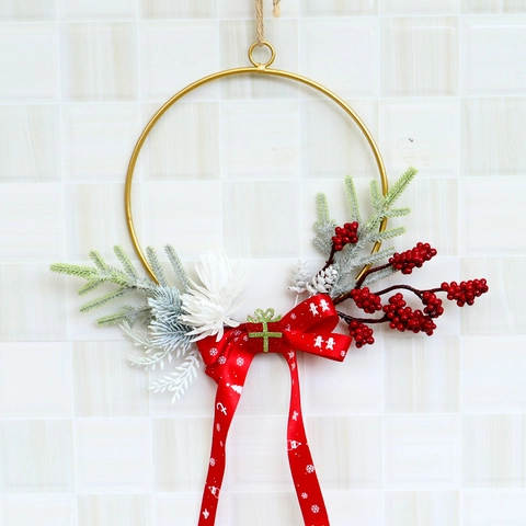 Christmas Wall Hanging Decoration Iron Metal Hoop Artificial Pine Needles Red Berries Ribbon Bow Festive Home Door Decor
