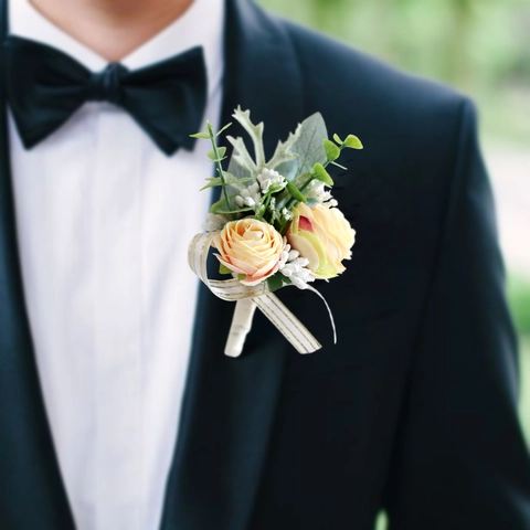 Artificial Rose Boutonniere And Wrist Corsage Satin Flower With Eucalyptus Leaves For Wedding Groom Bridesmaid Party