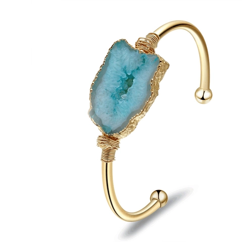 Natürlicher Druzy Achat Offener Armreif Vergoldeter Kupferdraht Umwickelt Unregelmäßiger Kristallcluster Boho Damenschmuck