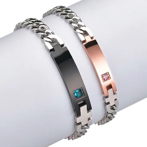 Stainless Steel Bracelet With Square Zircon Cross Hollow ID Plate Cuban Link Chain Jewelry For Men Women
