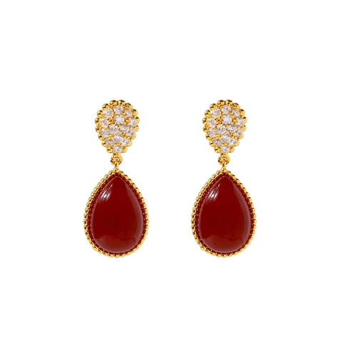 Vintage Water Drop Copper Earrings Women Steel Post Agate Mother Of Pearl Rhinestone New Chinese Style Elegant Jewelry