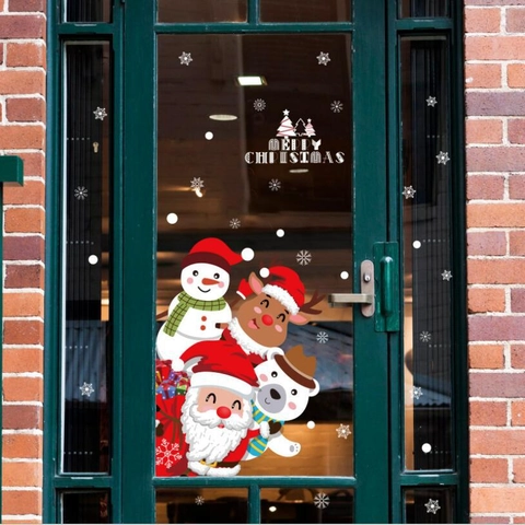 Christmas Window Stickers PVC Static Cling Santa Claus Snowman Reindeer Snowflake Decals For Glass Door Home Decoration