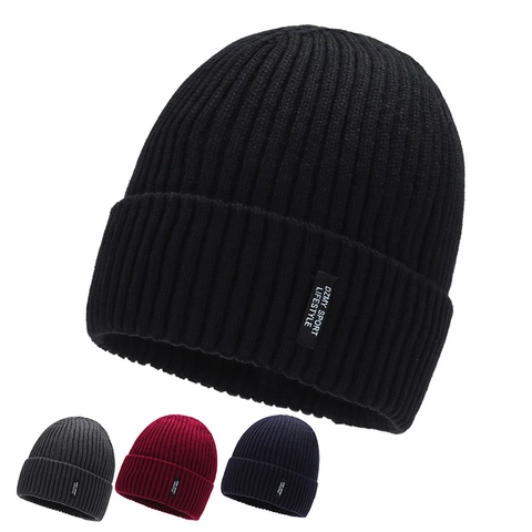 Ribbed Knit Beanie Winter Warm Fleece Lined Cuffed Hat Sports Lifestyle Unisex Outdoor Solid Color