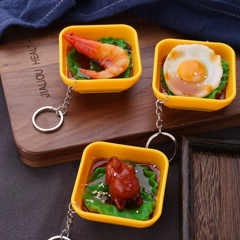 Realistic Simulation Food Keychain PVC Mini Braised Pork Chicken Wing Shrimp Bowl Model Bag Pendant Funny Gift Novelty