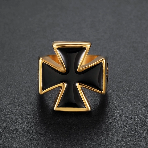 Anillo De Cruz De Acero Inoxidable Esmalte Negro Vintage Retro Punk Biker Estilo Joyería Hombre