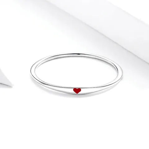 925 Sterling Silver Ring With Red Enamel Heart Minimalist Romantic Jewelry For Women Platinum Plated Sweet Gift