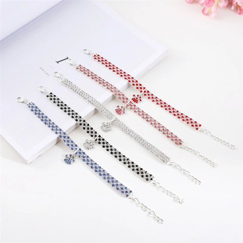 Collar Para Mascotas De Strass Aleación Plateada Elástico Ajustable Colgante De Pata Joyas Brillantes Para Perros Gatos