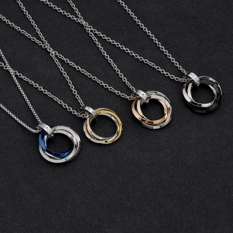 Interlocking Three Rings Pendant Necklace Stainless Steel Jewelry For Men With Rhinestones Fashion