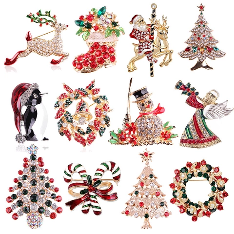 Christmas Brooches For Women Alloy Rhinestone Enamel Pin Xmas Tree Santa Reindeer Holiday Jewelry Accessories