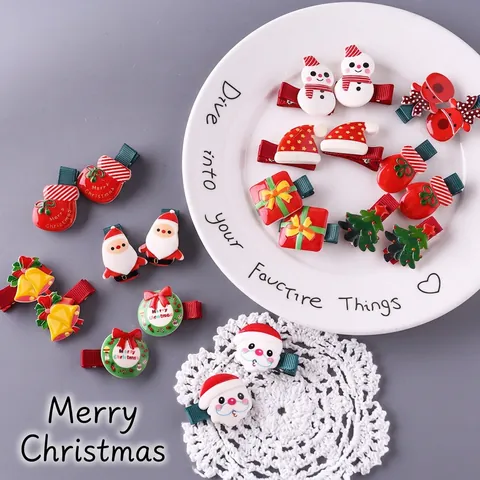 Christmas Hair Clips Resin Cartoon Santa Reindeer Snowman Alligator Clips For Kids Toddlers Baby Girls Holiday Party Accessory