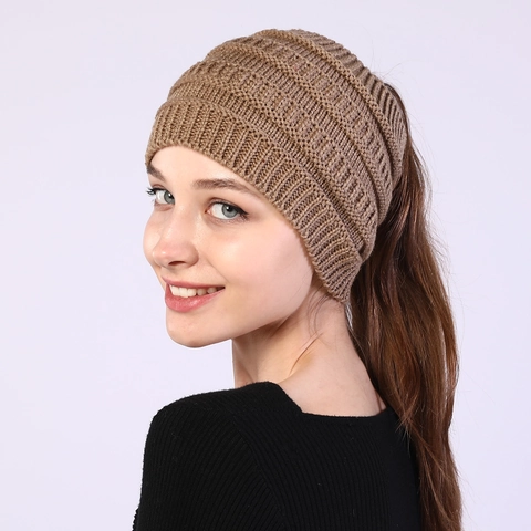 Dames Gebreide Hoofdband Winter Warm Ponytail Beanie Muts Acryl Dik Breed Haarband Rommelige Knot Elastisch