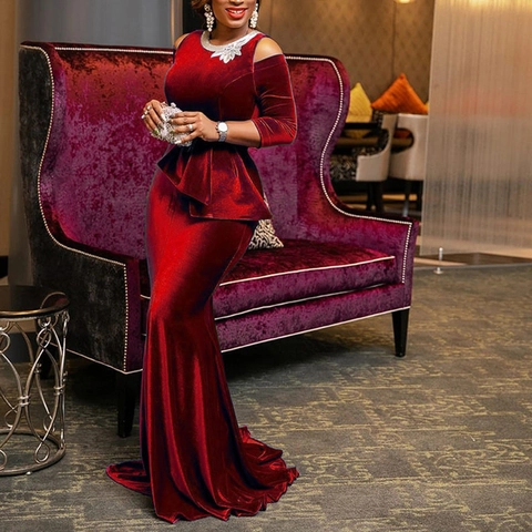 Dames Elegante Goud Fluweel Avondjurk Off Shoulder Lange Mouwen Slim Fit Zeemeermin Sleep Galajurk Pailletten Detail